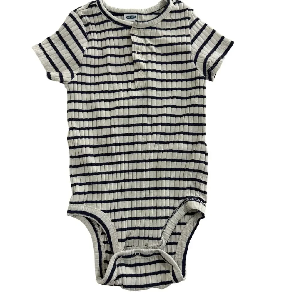 Old Navy White & Navy Blue Striped Ribbed Bodysuit Size 18-24 Months